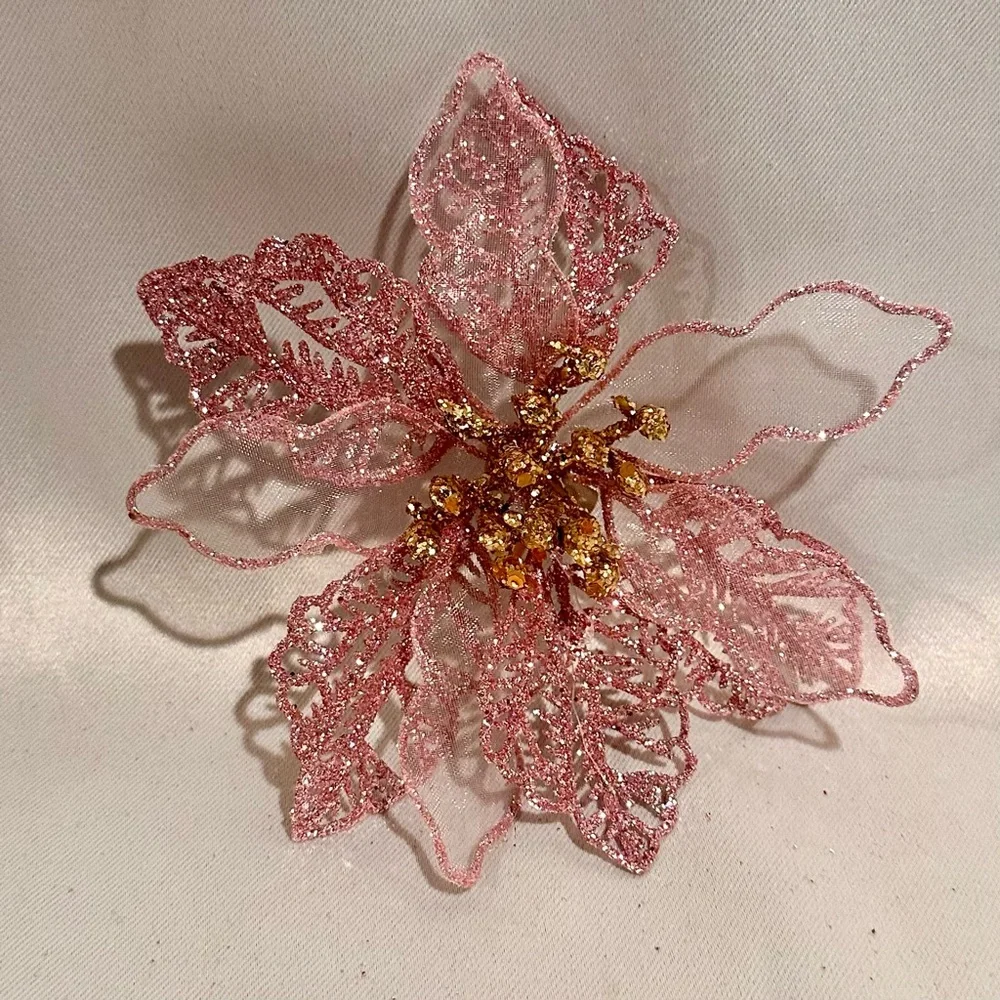 Sparkling Pink Gold Glitter Sequin Poinsettia Clip Ornament Headband Bouqet